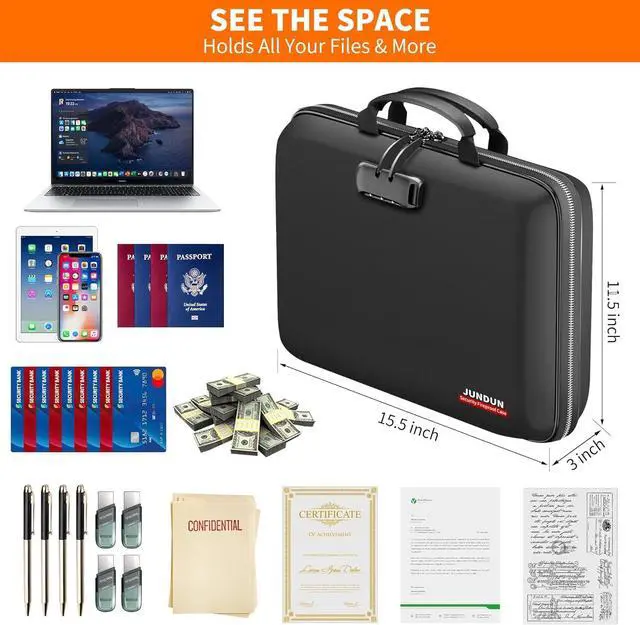 Alt view image 6 of 7 - JUNDUN Fireproof Document Box with Lock & Shoulder Strap,Hard Shell Case Document Organizer with 13 Pockets Accordion File Organizer,Portable Home Office Travel Safe Storage for Files Laptop and More