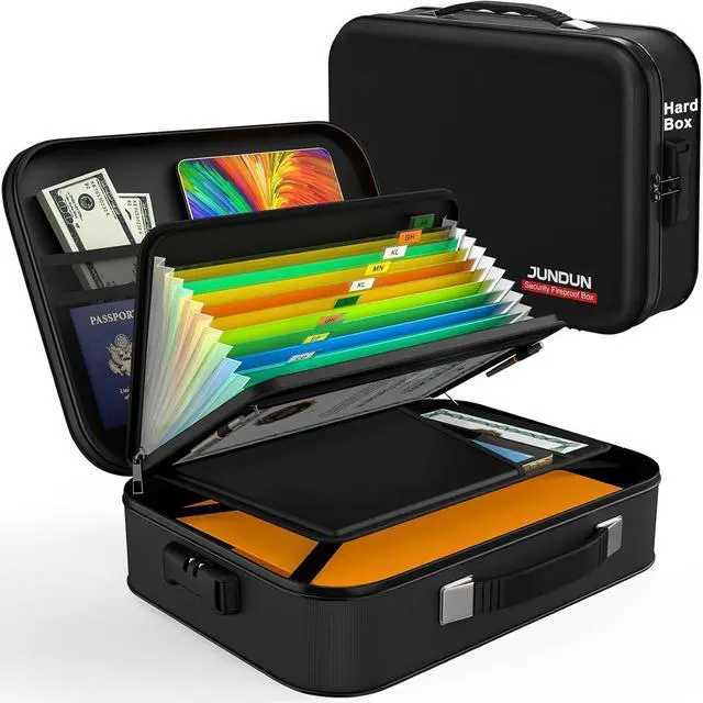 Main image of JUNDUN Fireproof Document Box,Hard Case Fireproof Document Organizer with LockHome Travel Portable Fireproof Safe Storage Box Case for Letter Size Documents,Files,Papers and Passport,Black