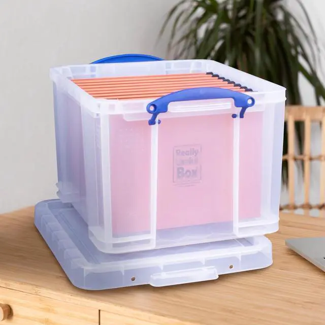 Alt view image 4 of 7 - Really Useful Box 3-Pack Clear Plastic Storage Bins with Lids & Clip Handles, 32 Liters - Stackable, Portable and Transparent Organizer Containers for Home, Garage and Office