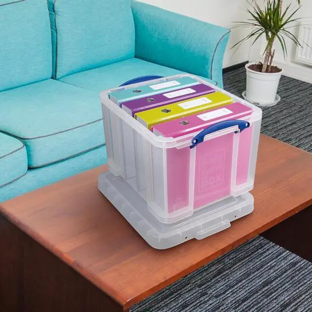 Alt view image 5 of 7 - Really Useful Box 3-Pack Clear Plastic Storage Bins with Lids & Clip Handles, 32 Liters - Stackable, Portable and Transparent Organizer Containers for Home, Garage and Office