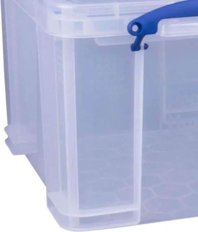 Alt view image 7 of 7 - Really Useful Box 3-Pack Clear Plastic Storage Bins with Lids & Clip Handles, 32 Liters - Stackable, Portable and Transparent Organizer Containers for Home, Garage and Office