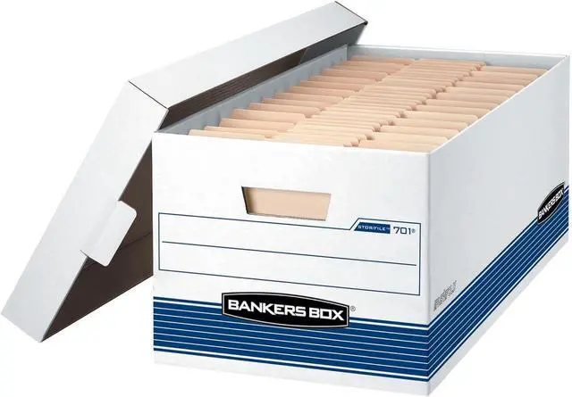 Main image of Bankers Box 20 Pack STOR/FILE Medium-Duty File Storage Boxes, FastFold, Lift-Off Lid, Letter, White/Blue