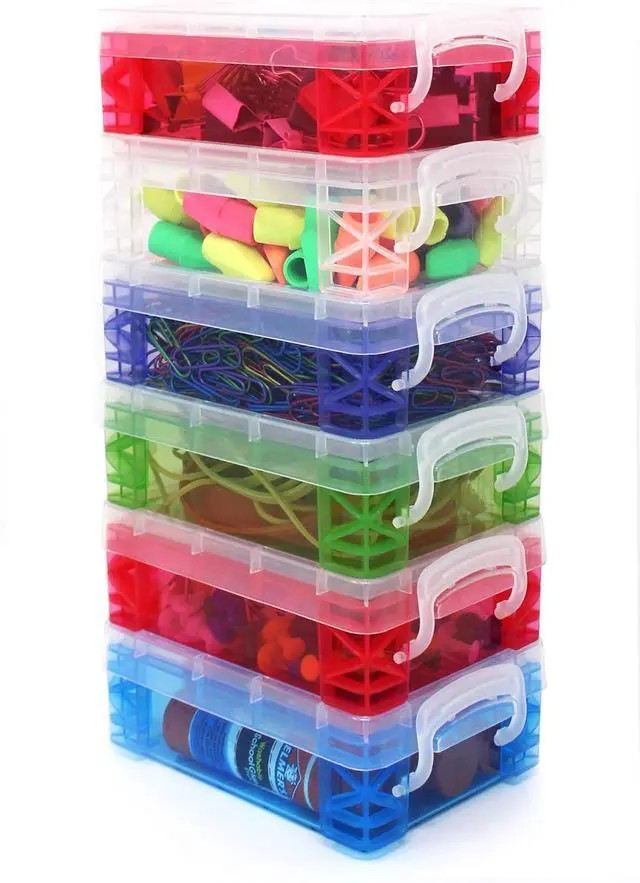 Alt view image 2 of 6 - Storage Box, School Supplies Super StackerCrayon Box, Clear Storage Organizer - Stackable Boxes - 1.6 inch x 3.5 inch x 4.8 inch - Assorted Colors (May Vary) - 6 Pack