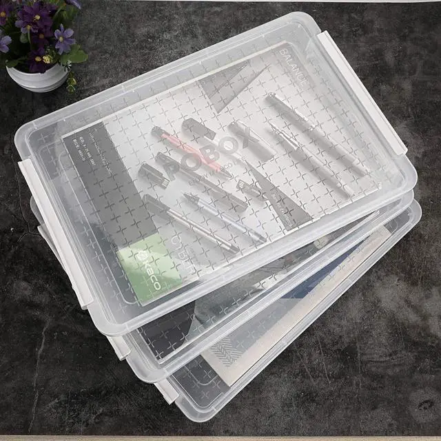 Alt view image 2 of 7 - BTSKY 3 Pack A4 Plus Clear Plastic Stackable Storage Box Desk Paper with Buckle, Office Supplies Accessories File Protector Case Organizer, Portable Project Case Document Holders with 3 Lids