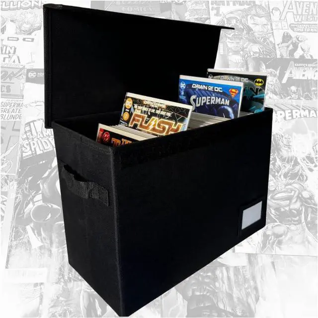 Main image of Comic Book Storage Box With Divider Built In (Removable)- Black Comic Book Box, Water Resistant, Holds 150 Comic Books, Full-length Velcro Flip-Top Enclosure, Comic Book Storage Box label pocket