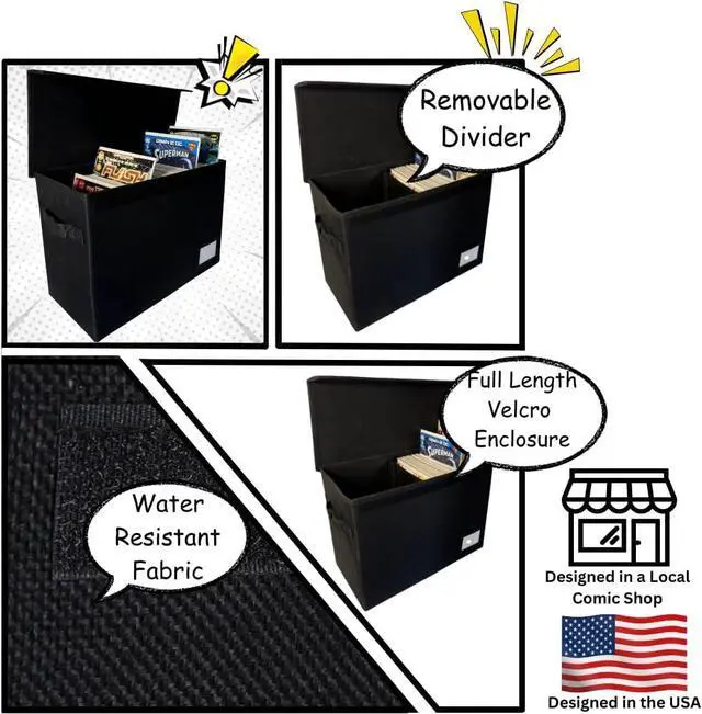 Alt view image 4 of 7 - Comic Book Storage Box With Divider Built In (Removable)- Black Comic Book Box, Water Resistant, Holds 150 Comic Books, Full-length Velcro Flip-Top Enclosure, Comic Book Storage Box label pocket