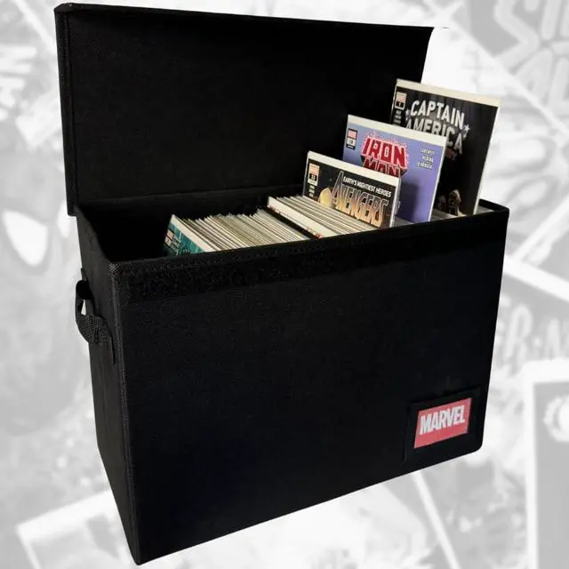 Alt view image 7 of 7 - Comic Book Storage Box With Divider Built In (Removable)- Black Comic Book Box, Water Resistant, Holds 150 Comic Books, Full-length Velcro Flip-Top Enclosure, Comic Book Storage Box label pocket