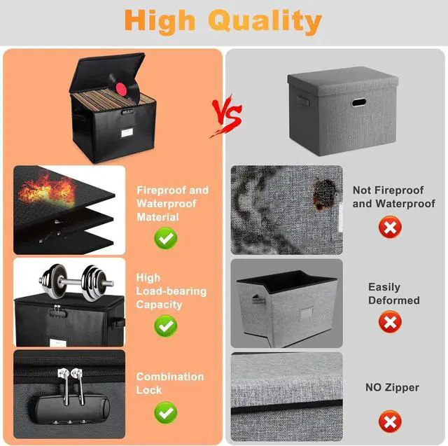 Alt view image 3 of 7 - Fireproof Vinyl Record Storage Box with Lock, Vinyl Album Storage Holds up 100+ Single Record,LP Storage Organizer for Albums, CDs, Books, Magzine, Files, Protect your Precious Collection (2)
