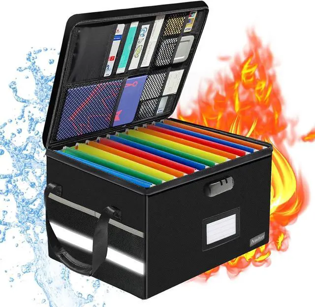 Main image of File Box with Lock, Fireproof Document Box with 10 Tab&Inserts, Collapsible File Organizer Filing Cabinet Box, Fire Proof Safe File Cabinets for Home Office Hanging Letter/Legal Folder