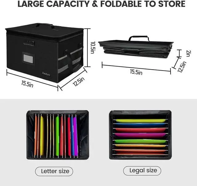 Alt view image 3 of 7 - File Box with Lock, Fireproof Document Box with 10 Tab&Inserts, Collapsible File Organizer Filing Cabinet Box, Fire Proof Safe File Cabinets for Home Office Hanging Letter/Legal Folder