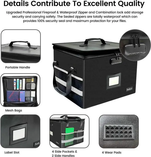 Alt view image 4 of 7 - File Box with Lock, Fireproof Document Box with 10 Tab&Inserts, Collapsible File Organizer Filing Cabinet Box, Fire Proof Safe File Cabinets for Home Office Hanging Letter/Legal Folder