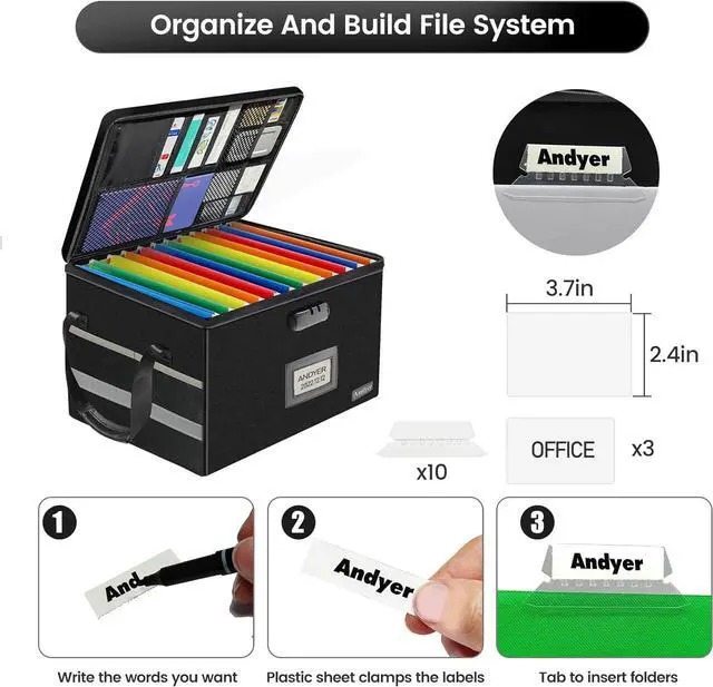 Alt view image 7 of 7 - File Box with Lock, Fireproof Document Box with 10 Tab&Inserts, Collapsible File Organizer Filing Cabinet Box, Fire Proof Safe File Cabinets for Home Office Hanging Letter/Legal Folder