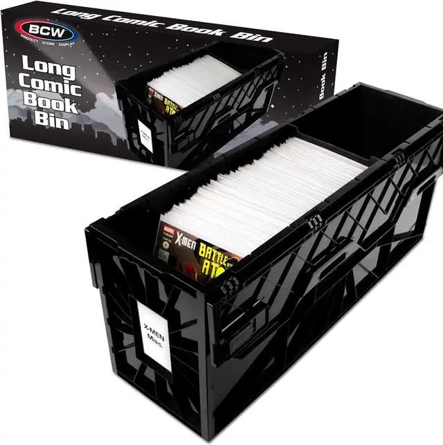 Main image of BCW Long Comic Book Bin - 1 Pack | Heavy Duty Comic Book Storage Box | Stackable Comic Bin Organizer for 300 Comics Each | Acid-Free Plastic Comic Book Box with Divider & Label Slot