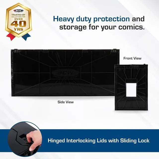 Alt view image 2 of 7 - BCW Long Comic Book Bin - 1 Pack | Heavy Duty Comic Book Storage Box | Stackable Comic Bin Organizer for 300 Comics Each | Acid-Free Plastic Comic Book Box with Divider & Label Slot