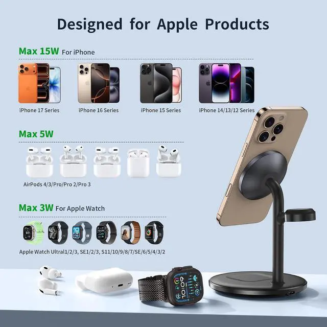 Alt view image 6 of 7 - XooFly 3 in 1 Wireless Charging Station for Apple Devices, Fast Wireless Mag-Safe Charger Stand with 20W Adapter for iPhone 17/16 15 14 13 12 Pro Max/Pro/Plus/Air/Mini, iWatch, AirPods (Black)