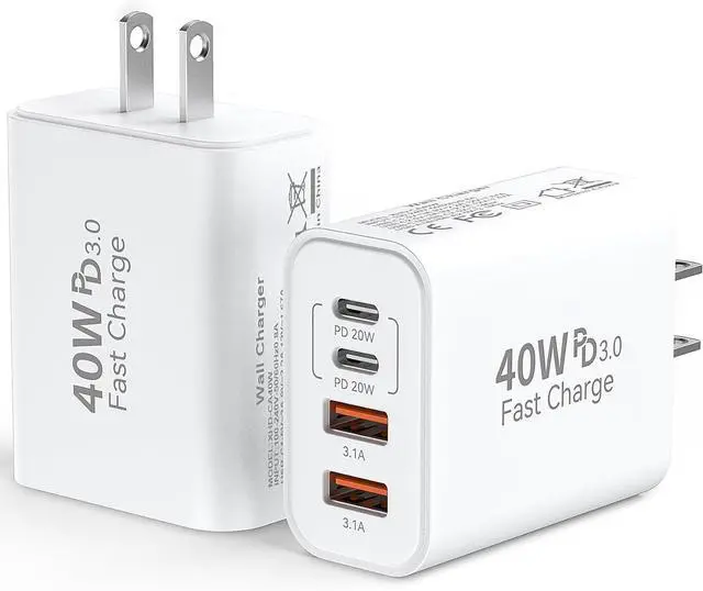 Main image of USB C Wall Fast Charger Block 40W 4-Port Type C Charger Fast Charging Blocks PD Power Charger Adapter+QC 3.0 USB Multiport Charger Brick for iPhone 17/16/15/14/13/12 Pro Max iPad Galaxy S25-2Pack