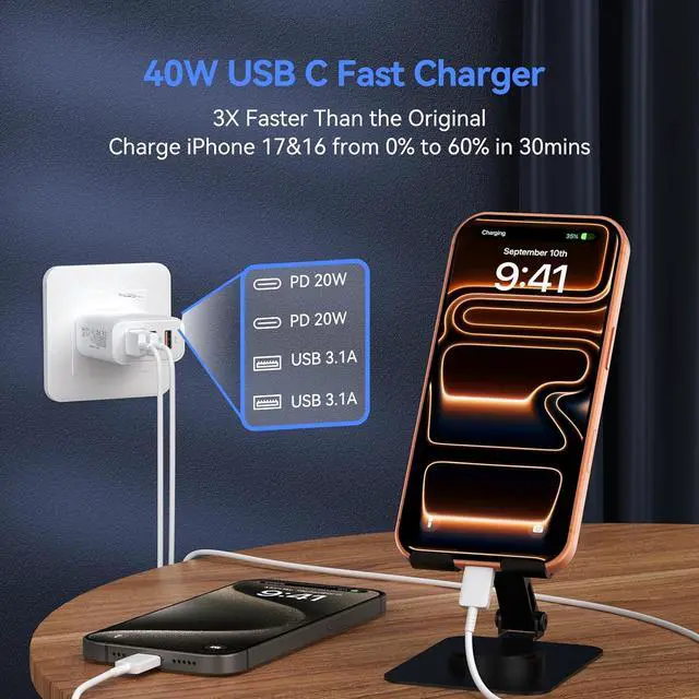Alt view image 2 of 7 - USB C Wall Fast Charger Block 40W 4-Port Type C Charger Fast Charging Blocks PD Power Charger Adapter+QC 3.0 USB Multiport Charger Brick for iPhone 17/16/15/14/13/12 Pro Max iPad Galaxy S25-2Pack