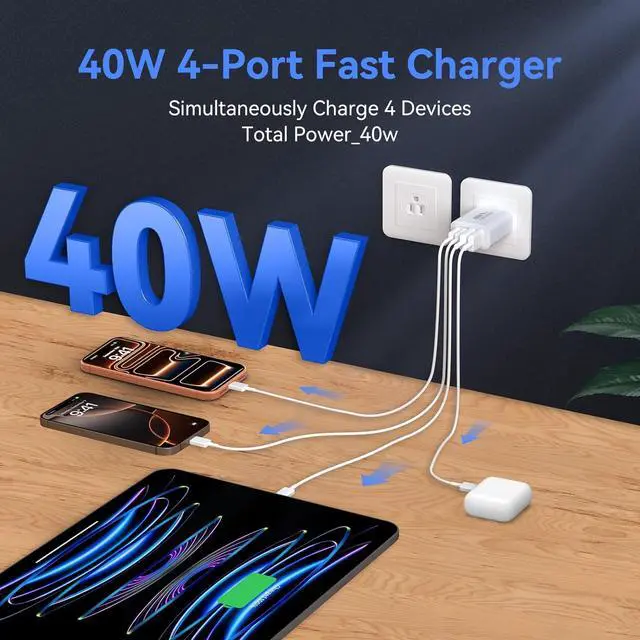 Alt view image 3 of 7 - USB C Wall Fast Charger Block 40W 4-Port Type C Charger Fast Charging Blocks PD Power Charger Adapter+QC 3.0 USB Multiport Charger Brick for iPhone 17/16/15/14/13/12 Pro Max iPad Galaxy S25-2Pack
