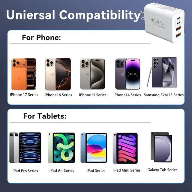 Alt view image 4 of 7 - USB C Wall Fast Charger Block 40W 4-Port Type C Charger Fast Charging Blocks PD Power Charger Adapter+QC 3.0 USB Multiport Charger Brick for iPhone 17/16/15/14/13/12 Pro Max iPad Galaxy S25-2Pack