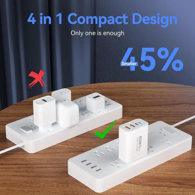 Alt view image 6 of 7 - USB C Wall Fast Charger Block 40W 4-Port Type C Charger Fast Charging Blocks PD Power Charger Adapter+QC 3.0 USB Multiport Charger Brick for iPhone 17/16/15/14/13/12 Pro Max iPad Galaxy S25-2Pack