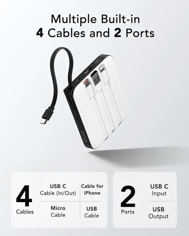 Alt view image 2 of 7 - VRURC Battery Pack Portable Charger 10000mAh, 22.5W Fast Charging | Power Bank with Built-in Cable, LED Display for Cell Phone, for iPhone 17 16 15, Samsung Galaxy and USB-C Devices (White)