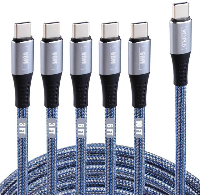 Main image of USB C to USB C Cable 10ft 6ft 3ft 5 Packs Fast Charger Cord Type C to Type C Cable Blue Braided 60W Usbc to Usbc Cable for Samsung S24/23/22 Phone 15 Pro Plus Max
