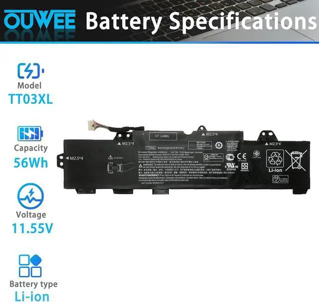 Alt view image 2 of 5 - TT03XL 933322-855 932824-421 Laptop Battery Replacement for HP EliteBook 755 G5 /850 G5 /850 G6, ZBook 15U G5 /15U G6 Series 932824-1C1 932824-2C1 HSTNN-LB8H HSTNN-DB8K 11.55V 56Wh 4850mAh