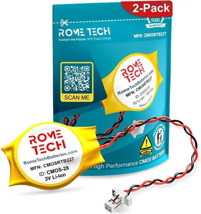 Main image of Rome Tech CR2032 CMOS Battery for HP ProBook 645 G2 / Dell Vostro 5320 / HP Elitebook 8460P- Laptop Backup BIOS RTC 3V CR 2032 Battery with 2 Wire Medium Cable Long Connector (2-Pack)