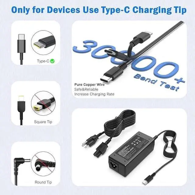 Alt view image 3 of 4 - Charger Compatible with Acer Laptop Chromebook Computer Charger 65W 45W USB C Fast Power Adapter School