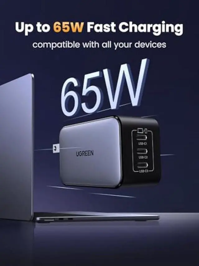 Alt view image 2 of 6 - UGREEN Nexode 65W GaN USB C Wall Charger, 3-Port Type-C Fast Power Adapter Compatible with iPhone 17/16/15 Series, Galaxy S25/S24, Pixel 10/9, MacBook Pro/Air, iPad Pro/Air, Steam Deck