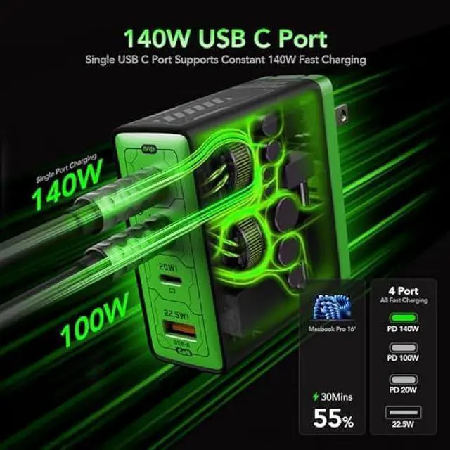 Alt view image 2 of 5 - Mfish 140W USB C Charger, 4-Port GaN Charger Block, Foldable Fast Laptop Charger Power Adapter for MacBook Pro/Air, iPad Pro, iPhone 16 Pro, Galaxy S25/S24, Steam Deck, Google Pixelbook, and Tablet