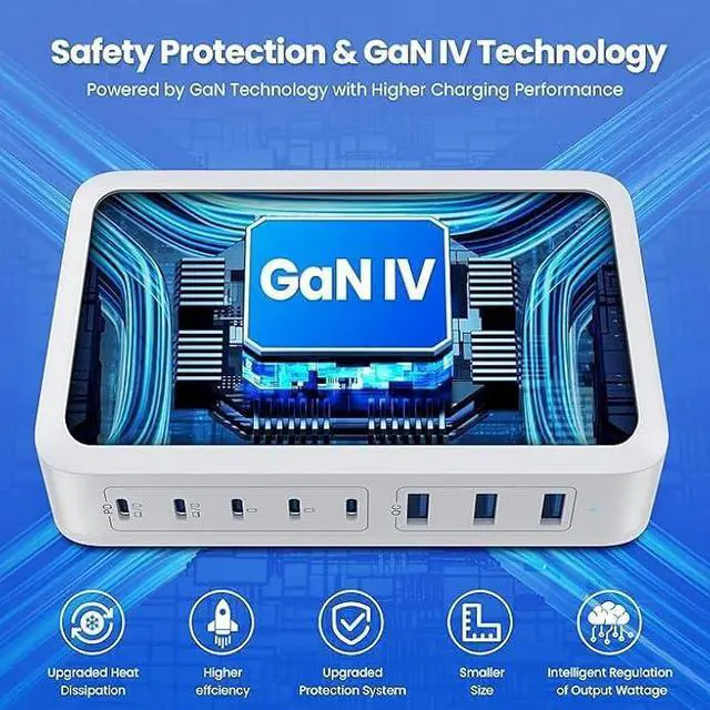 Alt view image 5 of 7 - USB C Charger Block 515W[2025 Upgraded] GaN IV 8 Port Fast Charging Station Hub,Dual PD 100W USB C Laptop Charger Compatible with MacBook Pro/Air,iPad,iPhone 16/15,Galaxy S23/S24 Steam Deck Dell XPS