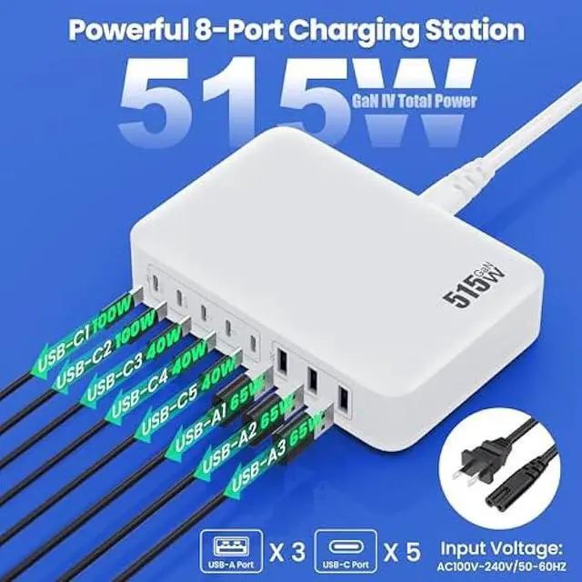 Alt view image 2 of 7 - USB C Charger Block 515W[2025 Upgraded] GaN IV 8 Port Fast Charging Station Hub,Dual PD 100W USB C Laptop Charger Compatible with MacBook Pro/Air,iPad,iPhone 16/15,Galaxy S23/S24 Steam Deck Dell XPS