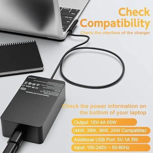 Alt view image 2 of 6 - Surface Pro Charger 65W, Surface Charger Compatible with Microsoft Surface Pro 11, 10, 9, 8, 7+, 7, 6, 5, 4, 3, X, Windows Surface Laptop 6, 5, 4, 3, 2, 1, Surface Go Tablet, Surface Book 3, 2, 1