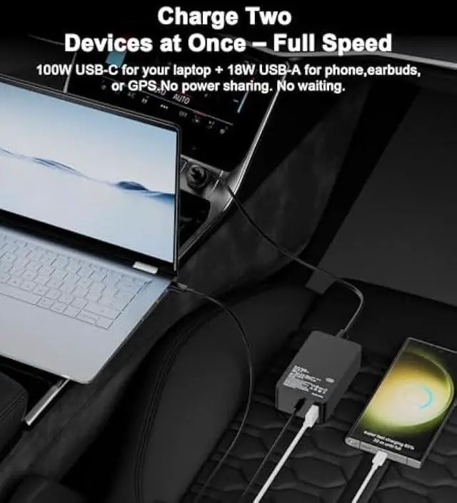 Alt view image 2 of 6 - Laptop Car Charger 100W, USB C Port  Replacement for MacBook Pro/Air, Dell, HP, Lenovo,ASUS, Acer - with Extra USB-A Port for Tablets, Phones, Earbuds and More Other USBC Devices Computer AC Adapter