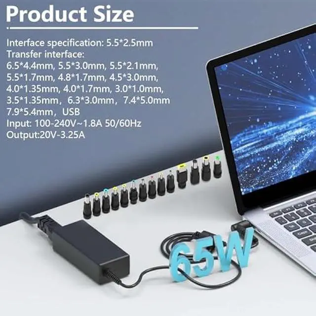 Alt view image 2 of 7 - 19V 3.42A DC Universal Laptop Charger Compatible with HP Lenovo Dell ASUS Gateway Acer Monitor 65W Power Supply Cord for Chromebook LG Monitor Samsung TV Spire Spin Toshiba Satellite Harmon Kardon