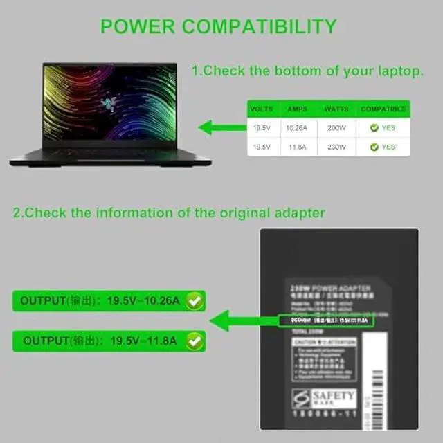 Alt view image 4 of 4 - 230W Laptop Charger Compatible with Razer Blade 15 14 17 Rc30-0248 Rc30-0238 Gtx3080 Gtx3070 Gtx3060 Gtx2080 Gtx2070 Ac Power Adapter Computer Power Supply