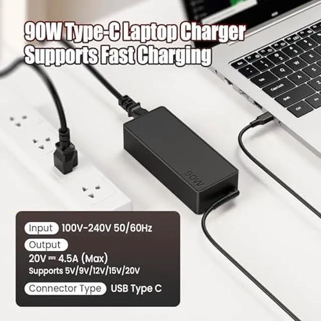 Alt view image 3 of 5 - VUOHOEG 90W USB C Laptop Charger Compatible with MacBook Pro/Air, Lenovo ThinkPad Yoga, HP Spectre Envy, ASUS Chromebook ZenBook, Huawei MateBook, Xiaomi Notebook Type C Fast Charging Adapter