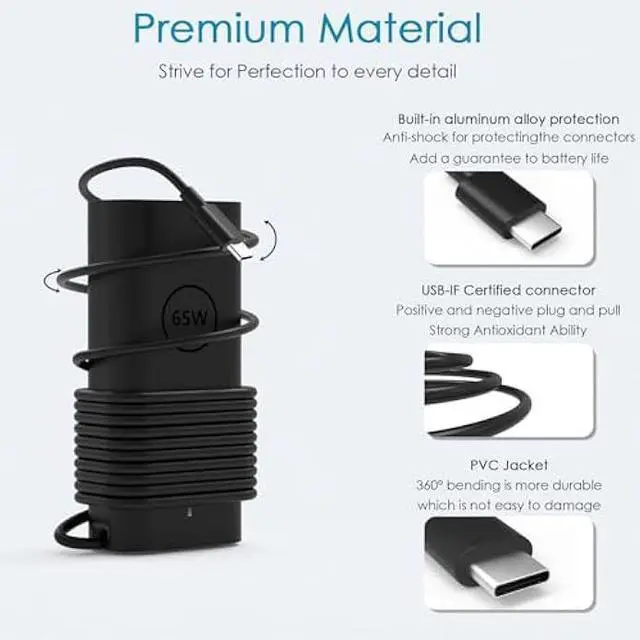 Alt view image 4 of 7 - 2025 AI PC Adapter Compatible with Dell Latitude Charger 5550 5450 5530 5350 7650 7530 7450 7455 7455 65W USB C Business Premium AI Laptop Power Adapter