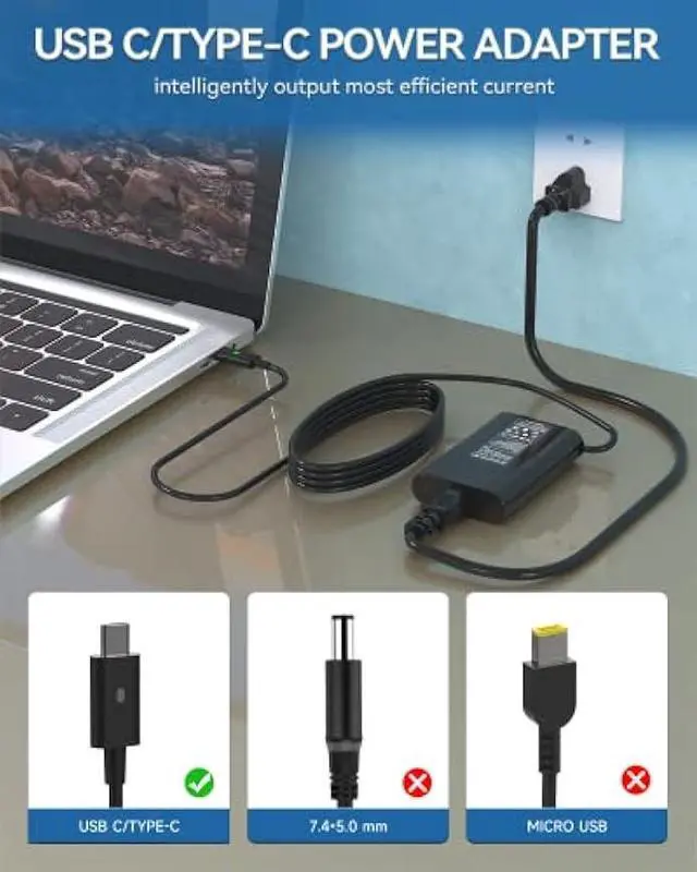 Alt view image 2 of 5 - 65W 45W USB C Laptop Charger Compatible with Dell Latitude 5420 5520 5320 7410 7390; Fit for XPS 12 9250 XPS 13 9350 9370; Fit for Chromebook 3100 3400 3190 AC Adapter Type C Power Supply Cord