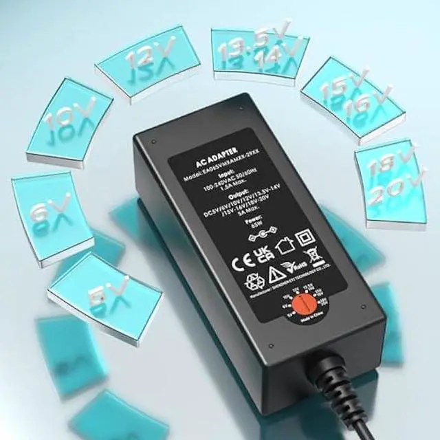 Alt view image 2 of 7 - Powseed 65W Universal Laptop Charger for Lenovo HP Dell Acer ASUS Gateway Samsung Monitor Power Cord 5V 6V 10V 12V 13.5V 14V 15V 16V 18V 18.5V 19V 19.5V 20V DC Power Supply AC Adapter with 16 Tips