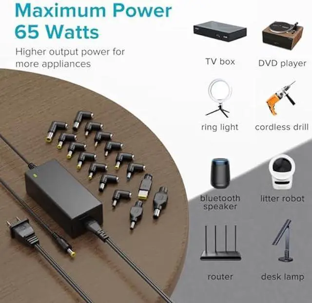 Alt view image 7 of 7 - Powseed 65W Universal Laptop Charger for Lenovo HP Dell Acer ASUS Gateway Samsung Monitor Power Cord 5V 6V 10V 12V 13.5V 14V 15V 16V 18V 18.5V 19V 19.5V 20V DC Power Supply AC Adapter with 16 Tips