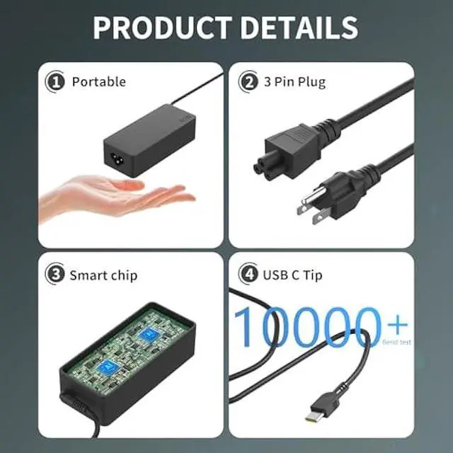 Alt view image 5 of 5 - 65W USB C Type C AC Charger Compatible with Lenovo ThinkPad X1 t480 T480S P43s P51s P52s P53s/P14s P15s P16s Yoga Chromebook ThinkBook Series ADLX65YLC3D Laptop Power Adapter