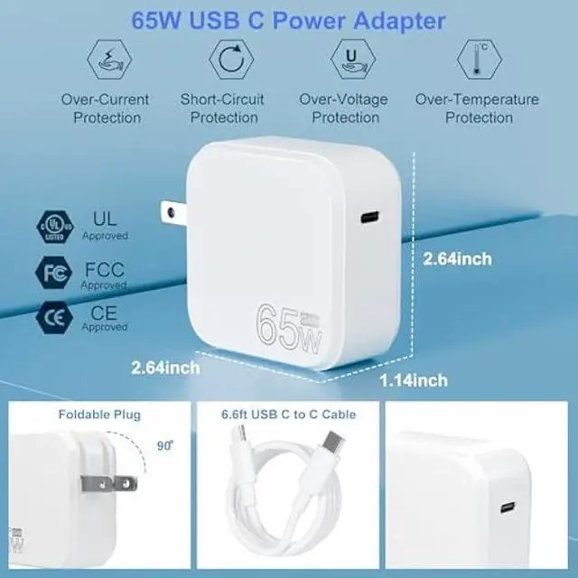 Alt view image 3 of 6 - 65W GaN Type C Fast Charger Compatible with Samsung Galaxy Book 360 & Book Pro 13.3 / 15.6 NP930QDB NP930XDB NP935QDC NP950XDB NP950QDB /Chromebook 4/4+Laptop Computer Power Adapter