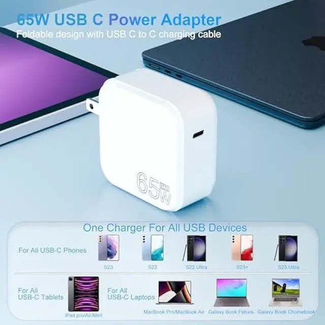 Alt view image 6 of 6 - 65W GaN Type C Fast Charger Compatible with Samsung Galaxy Book 360 & Book Pro 13.3 / 15.6 NP930QDB NP930XDB NP935QDC NP950XDB NP950QDB /Chromebook 4/4+Laptop Computer Power Adapter