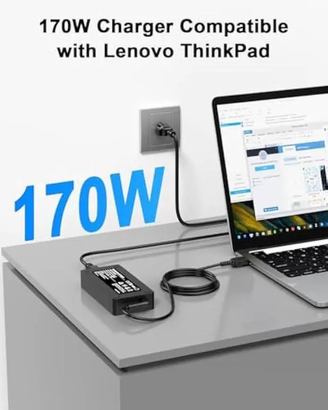Alt view image 2 of 7 - 170W Laptop Charger Compatible with Lenovo Thinkpad Extreme Gen 6 5 4 3 2 1 P50 P51 P52 P53 P70 P71 P73 W541 W540 T540p E560p Z710 T15g T15p P16v P15v P15 P15g P16 P17 P1 20V 8.5A AC Adapter