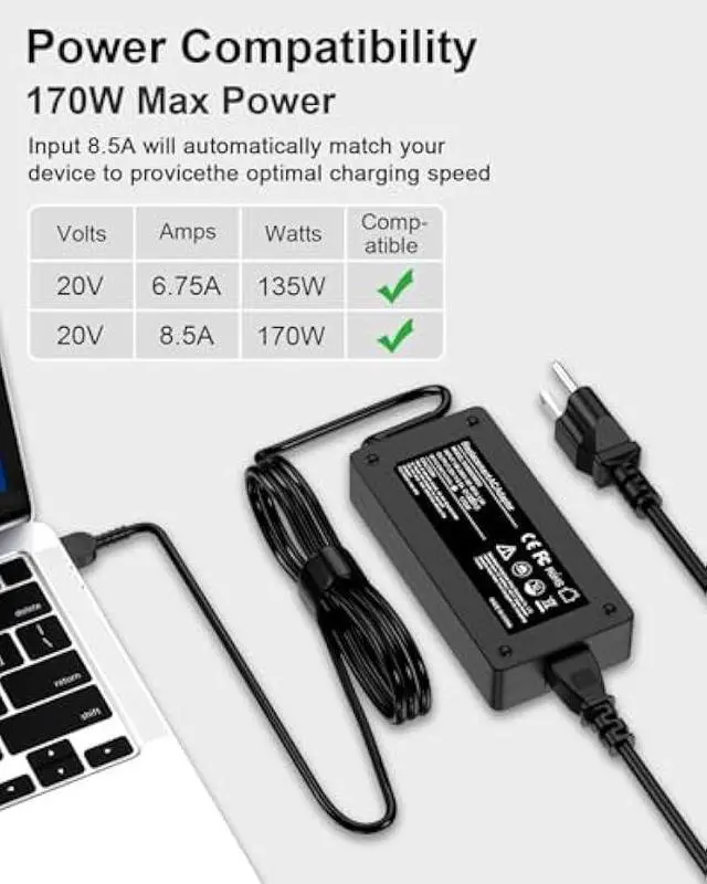 Alt view image 5 of 7 - 170W Laptop Charger Compatible with Lenovo Thinkpad Extreme Gen 6 5 4 3 2 1 P50 P51 P52 P53 P70 P71 P73 W541 W540 T540p E560p Z710 T15g T15p P16v P15v P15 P15g P16 P17 P1 20V 8.5A AC Adapter
