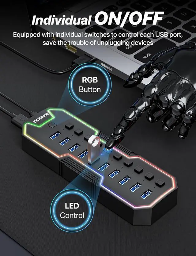 Alt view image 3 of 7 - Powered USB Hub 10 Ports USB 3.0 Hub with RGB LED Strip and 12V/2A Power Adapter USB Extension Individual LED On/Off Switches for Mac PC Desktop Flash Drive Mobile HDD
