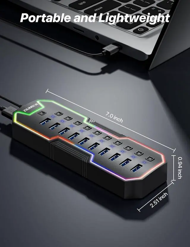 Alt view image 5 of 7 - Powered USB Hub 10 Ports USB 3.0 Hub with RGB LED Strip and 12V/2A Power Adapter USB Extension Individual LED On/Off Switches for Mac PC Desktop Flash Drive Mobile HDD