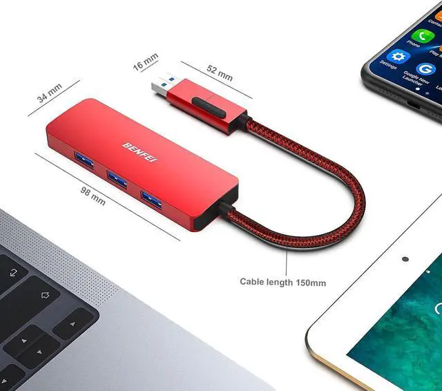 Alt view image 7 of 7 - BENFEI USB 3.0 Hub, USB-C HUB, 2-in-1 USB Type-A/Type-C Hub with 4 USB 3.0 Ports [Aluminum Shell, Nylon Braided] Compatible with iPhone 15 Pro/Max, MacBook Pro/Air 2023, iPad Pro, iMac, S23, XPS 17